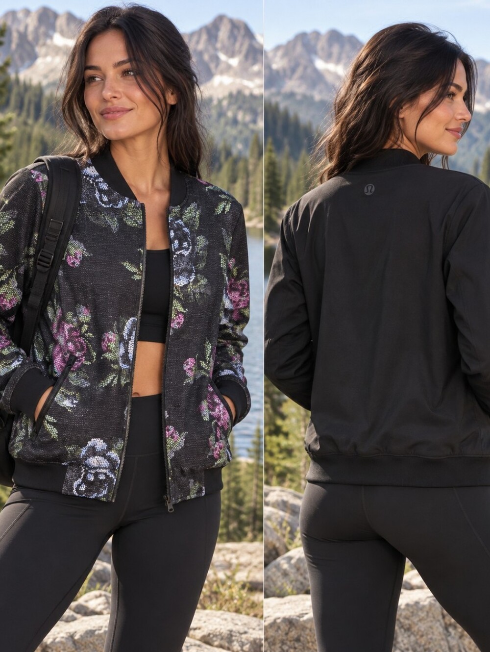 Lululemon Reversible Floral Bomber Jacket Black Full Zip Zip Pockets Size Med